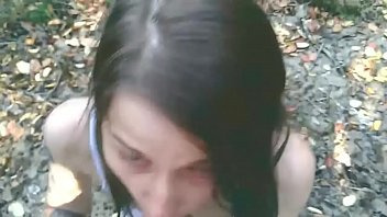 18 year old teen does a outdoor POV blowjob. Cum on face